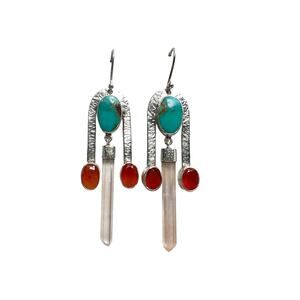 Kingman Turquoise Nepali Quartz Crystal Carnelian Sterling Silver Earrings